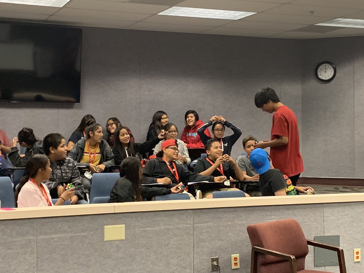 JrOaklandCubers's tweet photo. We’re having a blast teaching youth how to solve the Rubik’s cube participating in The American Indian Services Pre-freshman Engineering Program here at Utah State University Eastern Campus in Blanding #aisprep #ais #nativesinstem #nativeyouth  #nativeamerican #rubikscube #aises https://t.co/W81S7aRT3m