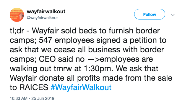 ajplus's tweet photo. Wayfair employees say they demanded the company cancel a $200K+ deal selling furniture to an immigrant detention center, citing "atrocities" at the southern border.

The company said it's just doing business.

Employees have now organized the #WayfairWalkout, set for Wednesday. https://t.co/x5qtR3BglK