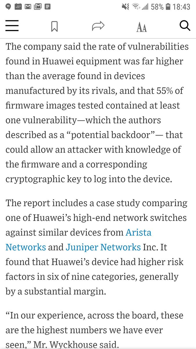 Kate_OKeeffe's tweet image. NEW: Huawei telecom gear is far more likely to contain flaws that could be leveraged by hackers for malicious use vs equipment from rivals, per new major cybersecurity report that top U.S. officials said appeared credible
wsj.com/articles/huawe… with the great @dnvolz