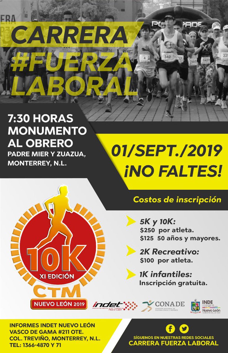 indet_nl's tweet photo. 📢 | Se aproxima la tradicional carrera 10K Fuerza Laboral en su XI Edición, agenda la fecha y ven a correr con nosotros junto a tu familia y/o amigos. 

Contamos con 5k, 2K Recreativo y 1K Infantil. 

¡Te esperamos! 

🗓 1 de Septiembre.
⏰ 7:30 Horas. 
📍Monumento Obrero. https://t.co/fTmqQhdJNJ