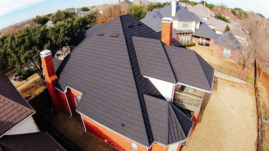 Chandlerroofs's tweet photo. Aerial view of a stone coated steel roof installed by #chandlerroofing. Get the quality and amazing service you deserve. Schedule a no cost consultation today at 817-548-7555. https://t.co/4B9Y2rMhVO