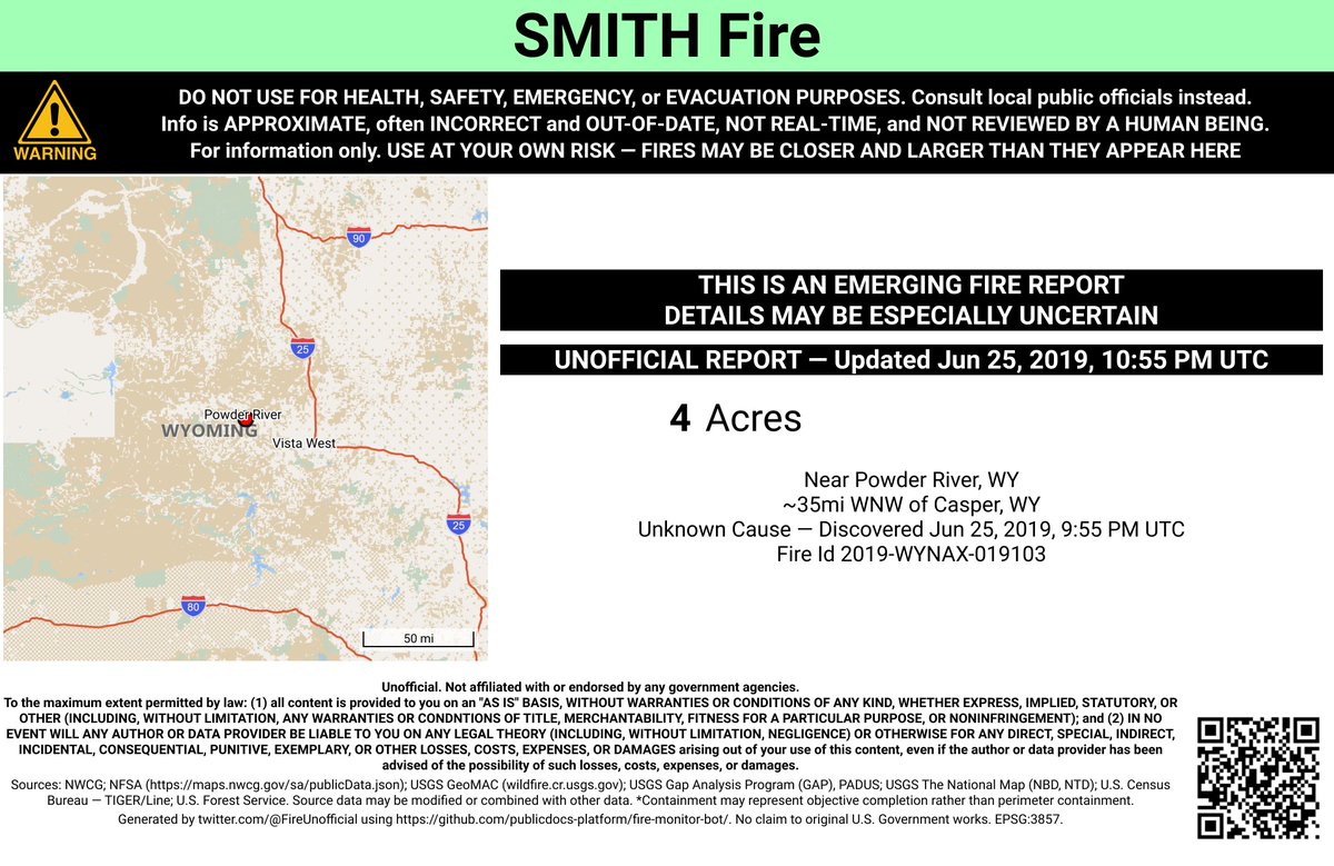 RockyMtnFireBot's tweet image. #SmithFire 🔥 unofficial new fire report.
Near Powder River, WY. ⚠️ DO NOT USE FOR SAFETY PURPOSES - See officials instead. May be incorrect; disclaimers in images.