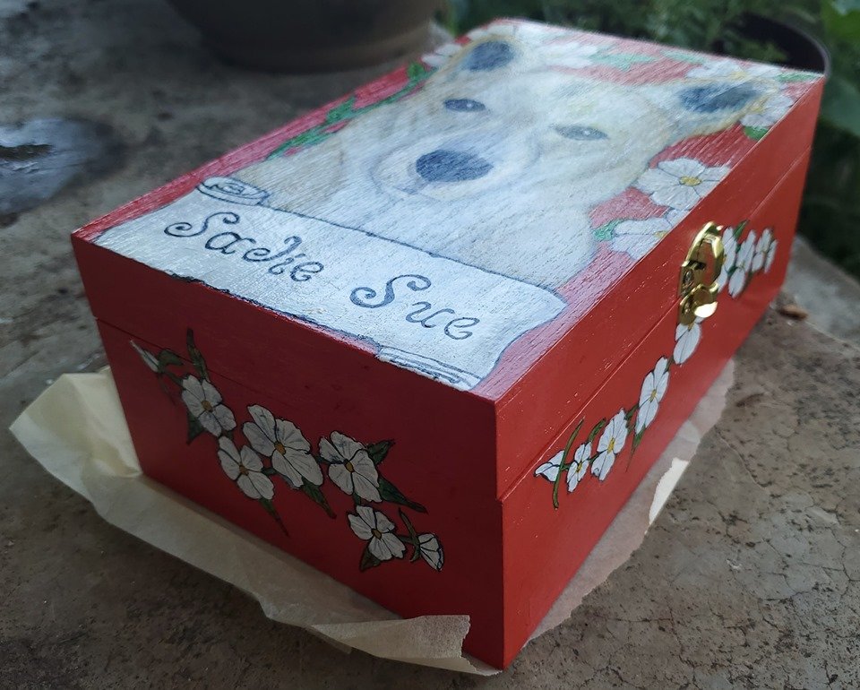 PugHollow's tweet photo. Custom memorial box The Human Scribe painted to raise funds for the Sanctuary. #memorialbox #portrait #art #ArtistOnTwitter https://t.co/SF6Q5019yE