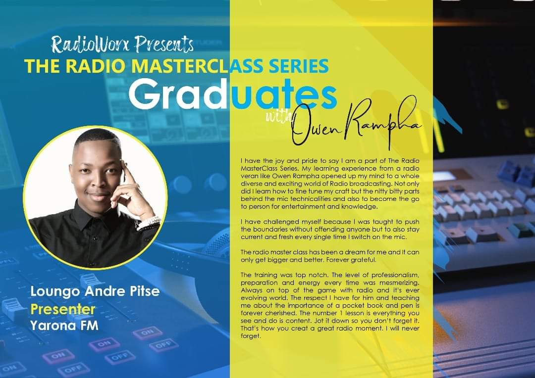 RadioWorx's tweet photo. " The training is top notch. Owen, is always on top of his game with radio and its ever evoIving world! "

 Loungo Andre Pitse, aka King Bee, a Graduate of the Radio Master Class.

Sign up now
Email Sales@blackbench.co.bw. 
call 3118292
#RadioMasterClass https://t.co/qMhfR6Pctl