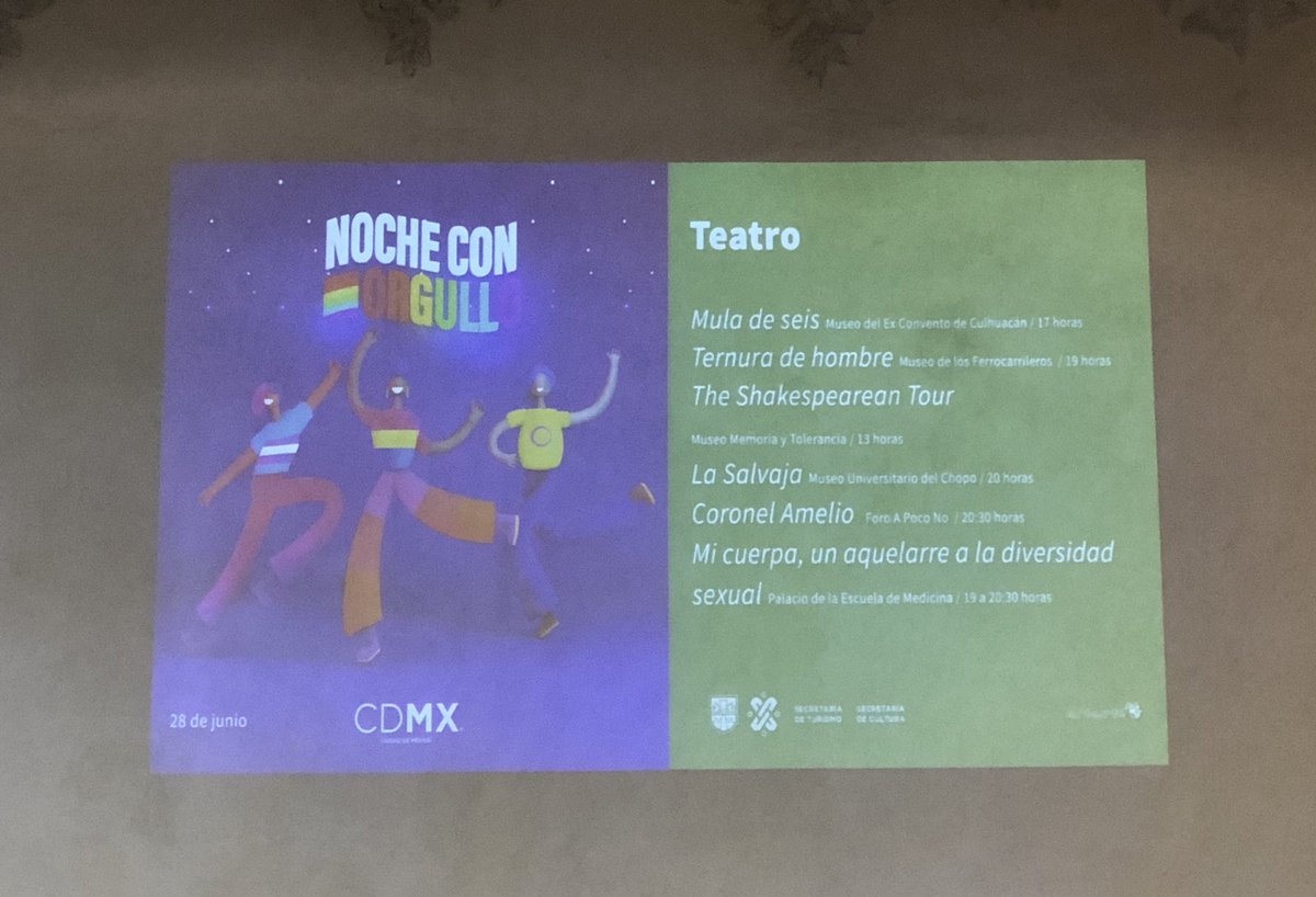 TeatrosCDMX's tweet image. Uniendo esfuerzos entre turismo, cultura, derechos humanos y organización civil, “Noche con Orgullo” tendrá eventos en diferentes sedes. Destacan el estreno de “Coronel Amelio” en el #ForoAPoco No y, desde Perú, “Merian en Concierto” en el Foyer del #TeatroDeLaCD.