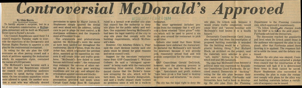 The McDonald’s Controversy (1974-75) /// The proposed McDonald’s on Maynard Street was one of the biggest city planning controversies in Ann Arbor history, provoking a massive and sometimes unhinged public backlash.