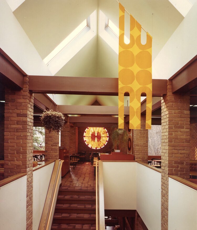 Hobbs + Black were ultimately hired to design a storefront that would satisfy the public. Their vision of McDonald’s was a gabled brick building with a front courtyard, custom signage, and a stained glass window with the Golden Arches (photos via  @aadlarchives)