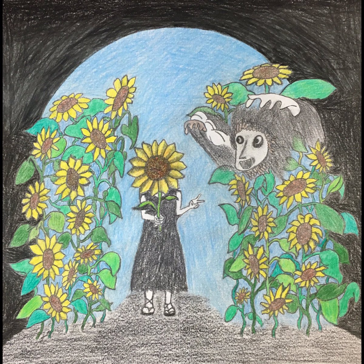 佐々木常念 夏なんだな イラスト ひまわり 色鉛筆画 鉛筆画 アナログ絵師さんと繋がりたい