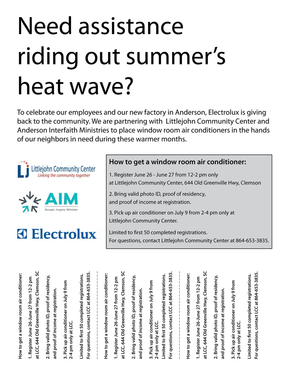 Need help riding out the summer's heat wave? Littlejohn Community Center is partnering with Electrolux to make the ride more enjoyable. If you or someone you know needs help, please contact LJC or AIM.