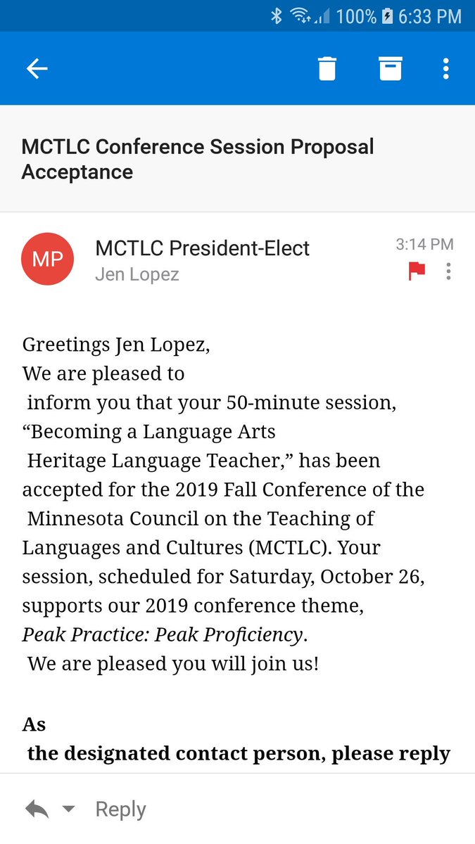 jenl987's tweet photo. Just found out that my proposal to present at #MCTLC 2019 was accepted. I'm excited and terrified - this will be my first time presenting alone! My anxiety is so high already. Eek! #heritagelang https://t.co/H3h83DrDXj