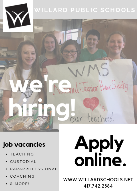 willardschools's tweet photo. We're hiring! Take a look at the job opportunities available at Willard Public Schools at https://t.co/SWSqy5b2Ie. Teachers, custodians, nurses, and more are needed to support Willard Tigers in the fall! Join the Willard Family! #WeAreWillard https://t.co/xDMdL3ttS1