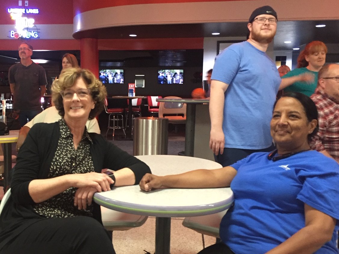 ManchesterUMC's tweet photo. Turns out the party (see earlier post) wasn't the only surprise element is Pastor Greg Weeks' retirement event today. There's nothing like a good game of bowling to celebrate. Way to go staff! #ManchesterUMC #GregWeeks #FarewellGreg https://t.co/BRg8QSXSCI