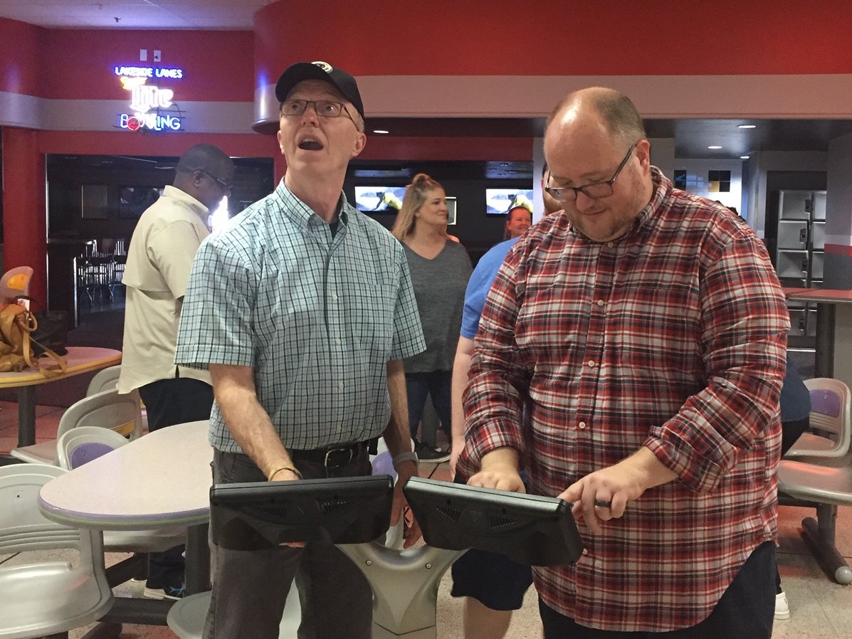 ManchesterUMC's tweet photo. Turns out the party (see earlier post) wasn't the only surprise element is Pastor Greg Weeks' retirement event today. There's nothing like a good game of bowling to celebrate. Way to go staff! #ManchesterUMC #GregWeeks #FarewellGreg https://t.co/BRg8QSXSCI