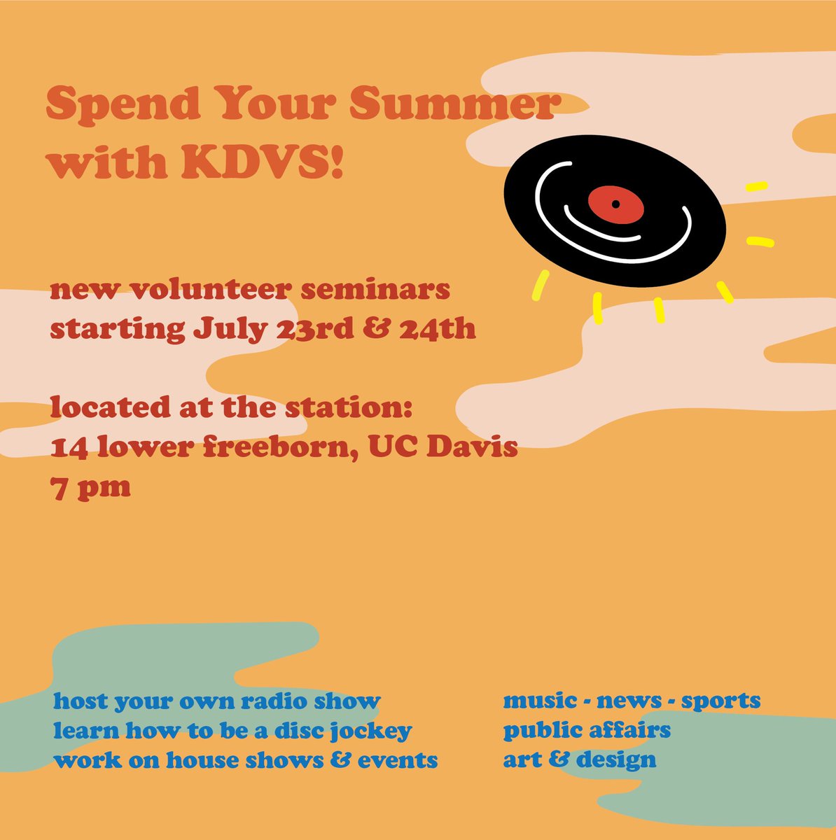 Join KDVS!! New volunteer seminars &amp; DJ training will be starting again in July. More information can be found on Facebook.com/kdvsfm/ ☀️