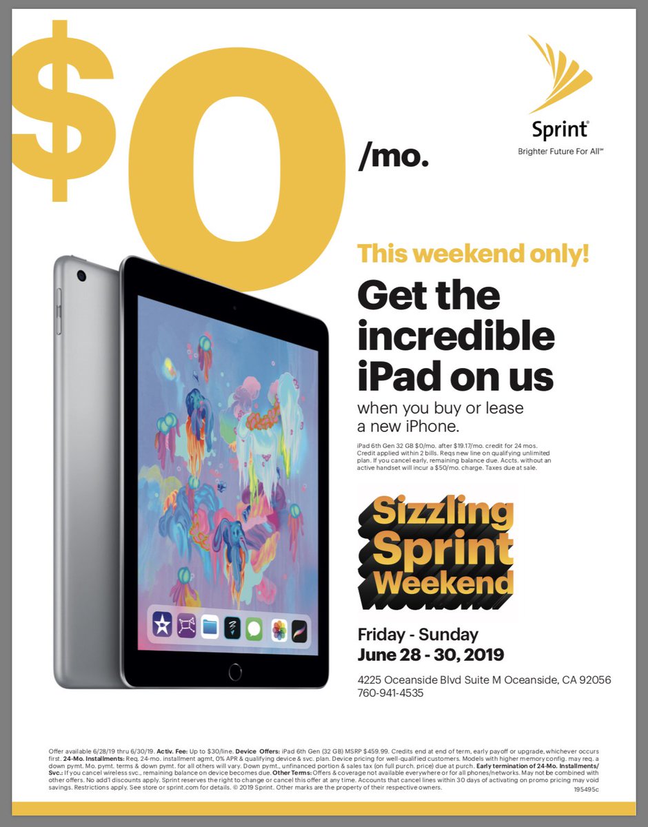 Sprint (@soceanside1) on Twitter photo THIS WEEKEND ONLY ๐, stop on by your local #Oceanside Sprint for the INCREDIBLE iPad ๐ฑ... on us ๐! If you havenโt already made the switch, feel free to ask us how you can make $1,000 ๐ธ just by becoming a #Sprint customer! <a href="/DannyIsho/">Danny Isho</a> <a href="/KristianAllos/">Kristian Allos</a> <a href="/SSantos_08/">SteveSantos</a> #ExpertsChoice THIS WEEKEND ONLY ๐, stop on by your local #Oceanside Sprint for the INCREDIBLE iPad ๐ฑ... on us ๐! If you havenโt already made the switch, feel free to ask us how you can make $1,000 ๐ธ just by becoming a #Sprint customer! <a href="/DannyIsho/">Danny Isho</a> <a href="/KristianAllos/">Kristian Allos</a> <a href="/SSantos_08/">SteveSantos</a> #ExpertsChoice