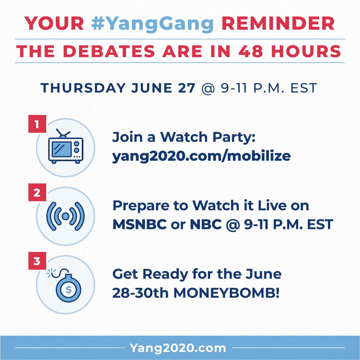 AndrewYang's tweet image. Hey #YangGang!  The debates are in 48 hours, are you as excited as we are?  Make sure to tune in, join a watch party, and keep an eye out for our end of the quarter money bomb!  😀👍yang2020.com/mobilize
