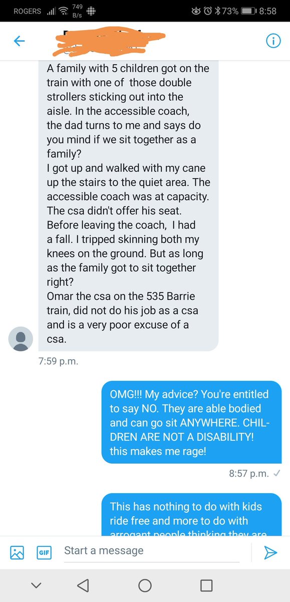 Dear parents on the #gotrain this summer. Yay! #kidsridefree! But here's the thing, your kids?! Not a disability. My friend, who has a disability & uses a cane, is not your go-to person on the accessibility coach so you can travel together as a family. Not on my watch @GOtransit