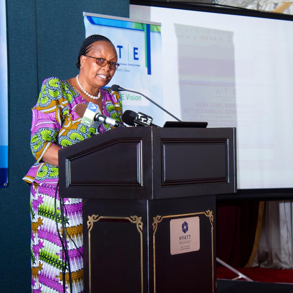 Chief Guest , Permanent Secretary PMO Office (Policy, Coordination &amp; Investment) Hon. Dorothy Mwaluko addressing the High Level Workshop &amp; 60th Annual General Meeting of @associationoftanzaniaemployers that held yesterday in Dar es salaam.
#ATEAGM2019
