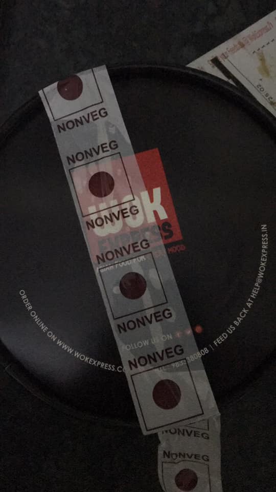 moksha168's tweet photo. Beware of @WokExpressIndia 
I placed an order for a vegetarian wok box through a food delivery platform and received a parcel that was covered with non vegetarian sticker. 
I immediately called up Wok Express Chembur outlet to check if the order I received was veg or non veg. https://t.co/1MtN7MytCQ