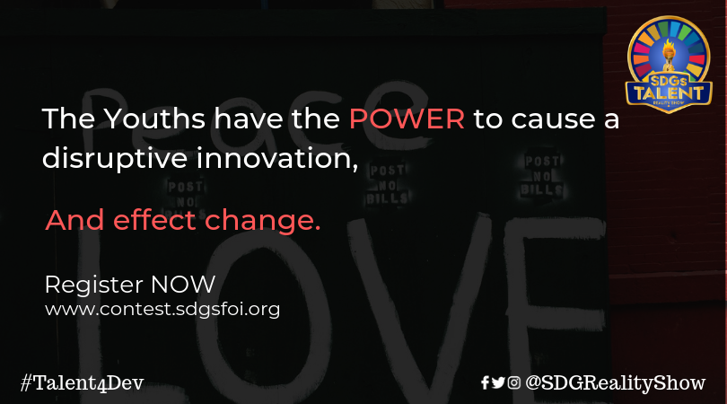 SDGRealityShow's tweet photo. The Youths have the power to cause a disruptive innovation and effect change.
_
The SDGs provides a global blueprint for dignity, peace and prosperity. 
REGISTER NOW.
https://t.co/ul0U40YwNP
#Talent4Dev
_
#TalentShow
#SDGs2030
#RealityTV
#Change
#Peace
#MofeDuncan
#UNDP
#Power https://t.co/aSzY81pj2Z