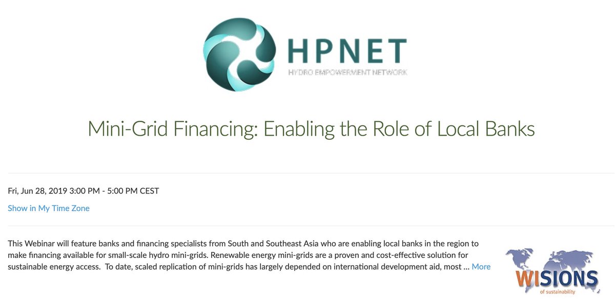 HPNEThydro's tweet photo. .#Minigrid financing - enabling the role of local banks. Join us on 28 June to hear from financing specialists from #South and #SoutheastAsia
Please register: https://t.co/1tpDNooKOw
More info: https://t.co/jDel1lAKbx
#energyfinancing #minigrid #renewables #hpnet https://t.co/1NTSGjiNli