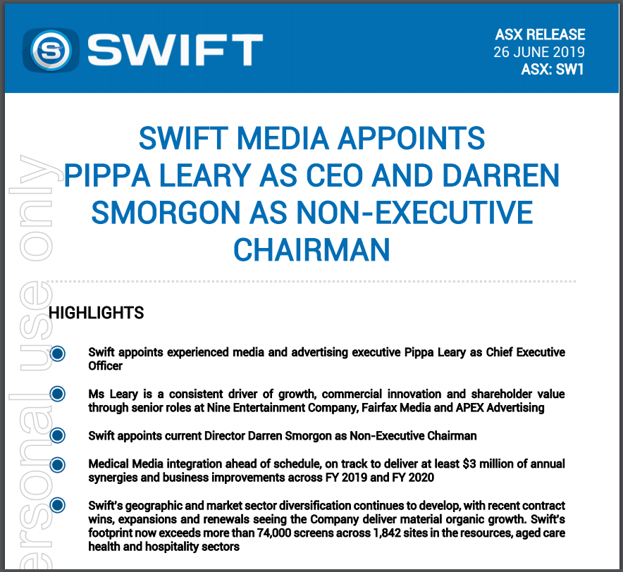 TimDohrmann's tweet photo. Two strong appointments for fast-growing #SwiftMedia (#ASX: $SW1), securing ex-$NEC Digital Sales head Pippa Leary as new CEO, &amp; Darren Smorgon as Chairman.

With global sites +450% YoY, @pip_leary takes the reins from Xavier Kris at an exciting time.

📝: https://t.co/cuzq0HwxuG https://t.co/BJaAOLkqfr