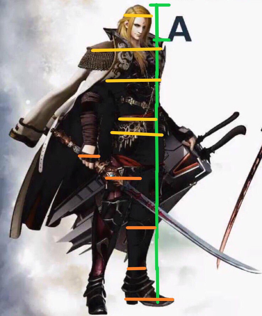CastorreLore's tweet photo. Zenos is 9.5 heads tall. This puts him at around 7.5 feet.

His head is roughly 7 - 8 inches wide given his size. 
His shoulders are almost three heads wide or almost two feet across.

His chest is 2.5 heads thick which gives him a chest diameter of 56 inches. https://t.co/iLpQDgLmoX
