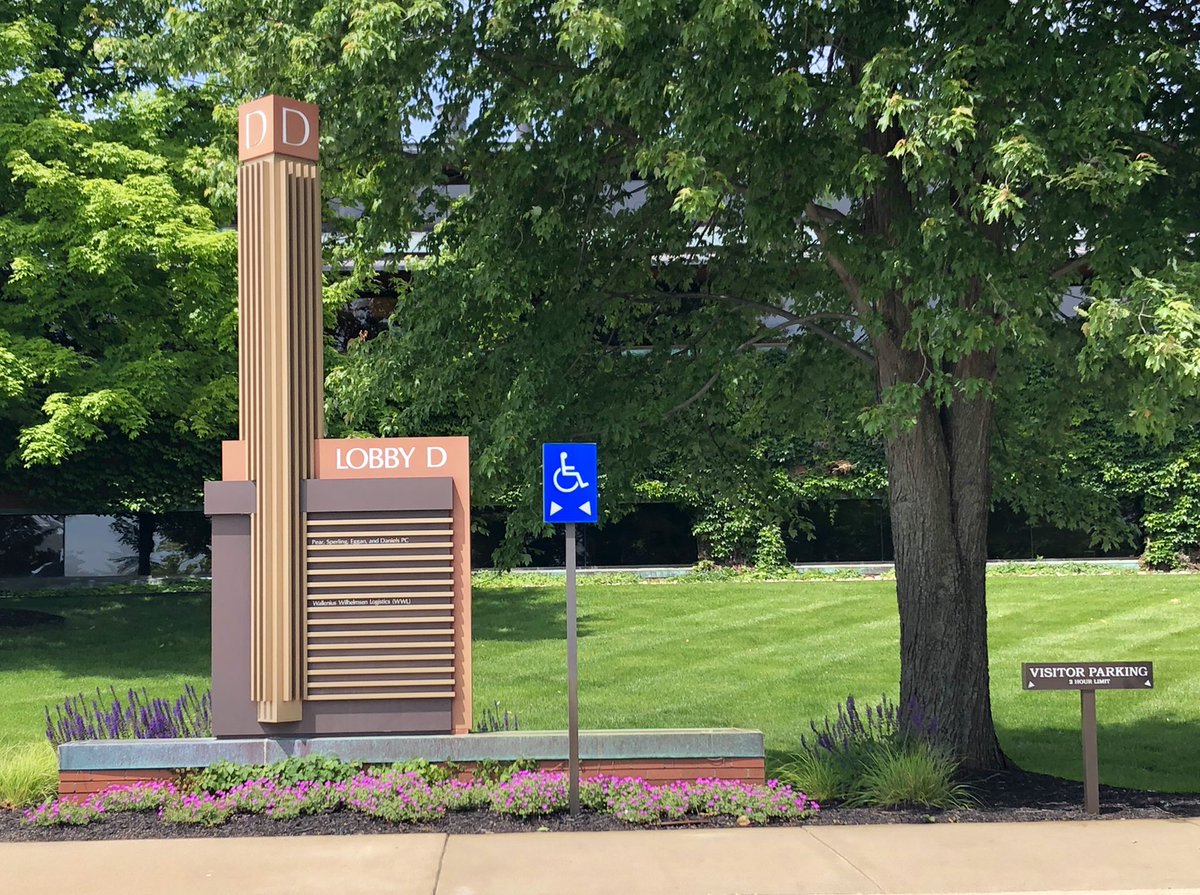 More Prairie Style details around the Domino’s Farms campus. The gate and trashcan are cool, but the signage might be...a bit much