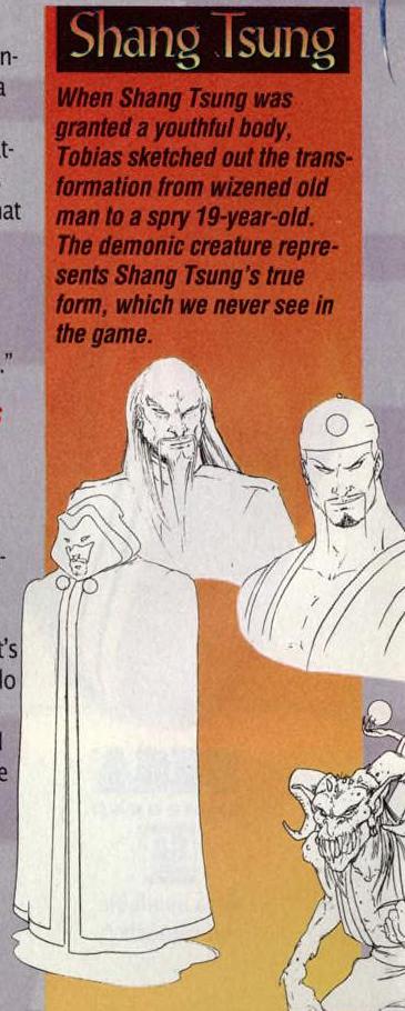 John Tobias' original character sketches for Kintaro, Shang Tsung, Baraka, and Raiden in Mortal Kombat II.