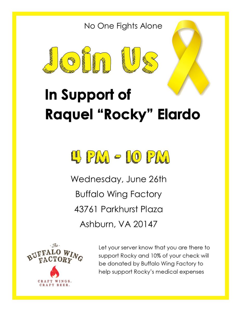 Please join us WED 4-10pm Buffalo Wing Factory  to support Rocky #NoOneFightsAlone. Make sure to tell your server you’re there to support Rocky _10% will go to help cover medical expenses. <a href="/HHSPrideSports/">HHSAthletics</a> <a href="/Heritage_Pride/">Heritage Volleyball</a> <a href="/RoarPride/">Heritage High School</a> <a href="/TheHHSChaosCrew/">HHS Chaos Crew</a> @HHSPrideCounsel @Pride_Hoops