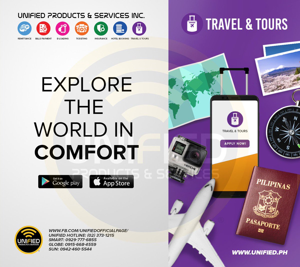 Make more travel memories as Unified Products and Services helps you plan your memorable and exciting trip through our travel and tours services.

Globe - 09156684559
Smart - 09297776855
Landline - (02) 3731215
Email - unifiedmainsales@gmail.com