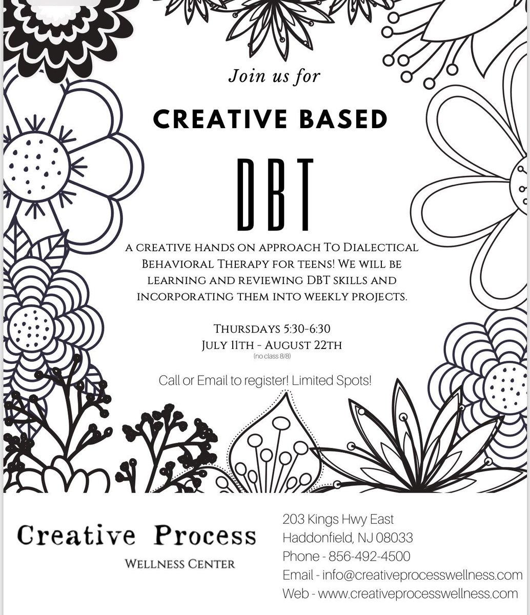 process_center's tweet image. Creative Based DBT group for Teens! Call or email for more information! Located in Haddonfield, NJ. 🌸

#DBT #Dialecticalbehaviortherapy #teenhelp #mentalhealth #support #creativeprocesswellnesscenter