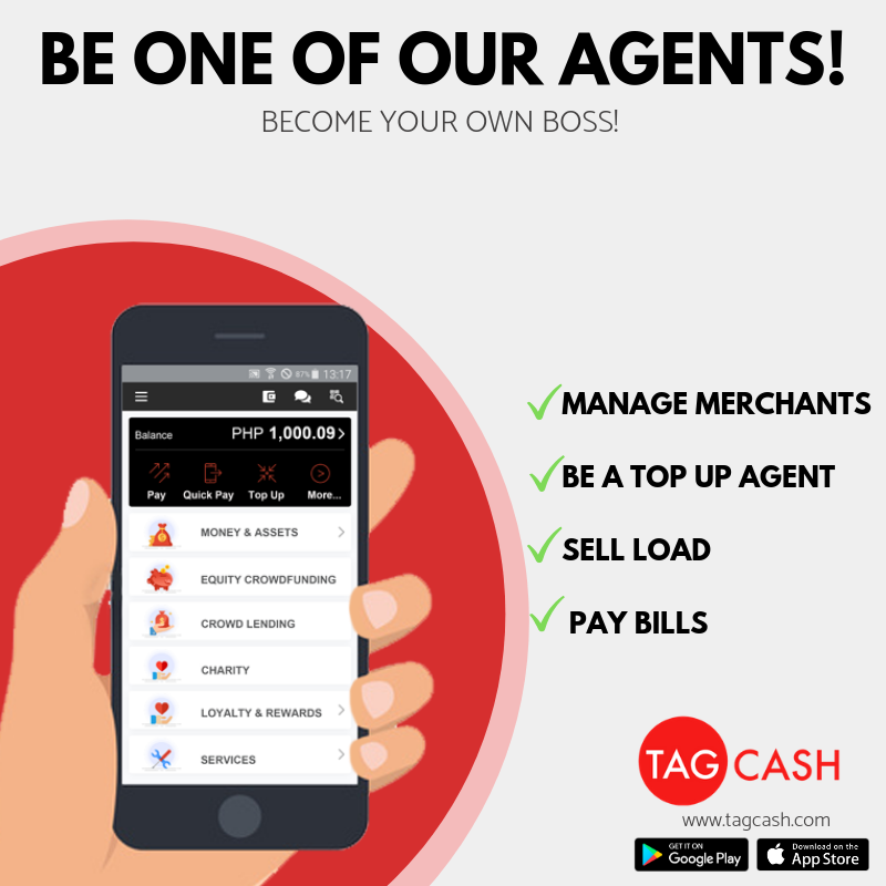 tagcashcom's tweet photo. Set up as a Tagcash Agent today to handle cash in and cash out requests from Tagcash Wallet customers, pay bills or sell load.
To know how, contact us at info@tagcash.com. Read more here: https://t.co/c6IRNKl4KW
#tagcashagent #beaTAGagent https://t.co/78surjqFDo