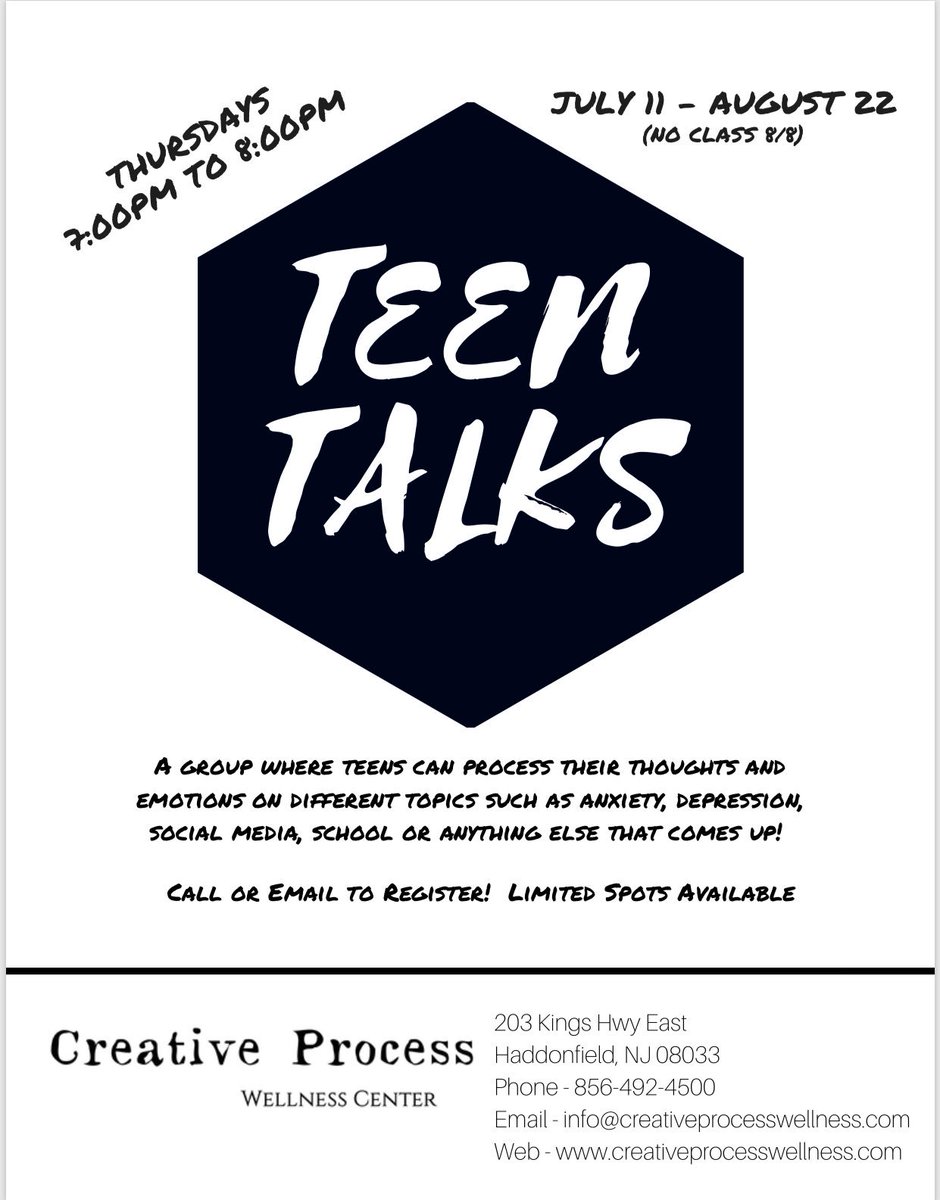 process_center's tweet image. TEEN TALKS Group! Designated to help teens support and encourage one another to use skills to effectively cope with emotional distress. Call or email for more information! Located in Haddonfield, NJ. 🌸

#teenhelp #mentalhealth #tomorrowneedsyou #creativeprocesswellnesscenter
