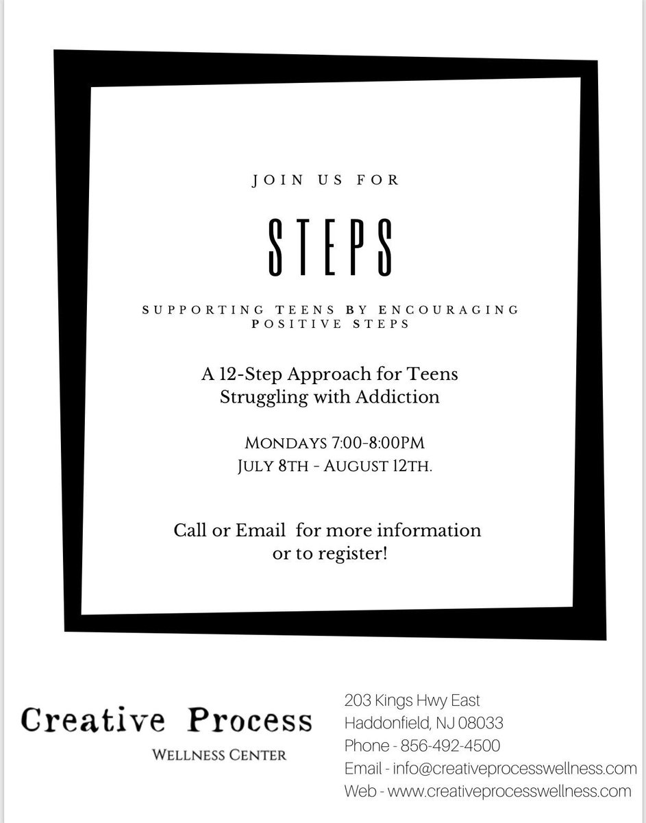 process_center's tweet image. STEPS is a group designed for teens that are trying to maintain sobriety and would benefit from understanding and applying a 12 Step approach. 
Call or email for more information! Located in Haddonfield, NJ. 🌞

#sobriety #NA #AA #OneDayAtATime #creativeprocesswellnesscenter