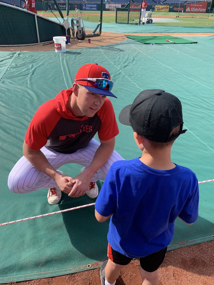 BrandonDavidow's tweet photo. Thanks @rhyshoskins for taking two minutes to talk some baseball with my son before tonight’s game! It’s definitely a memory he won’t soon forget! @Phillies https://t.co/qcOlgBVBQn