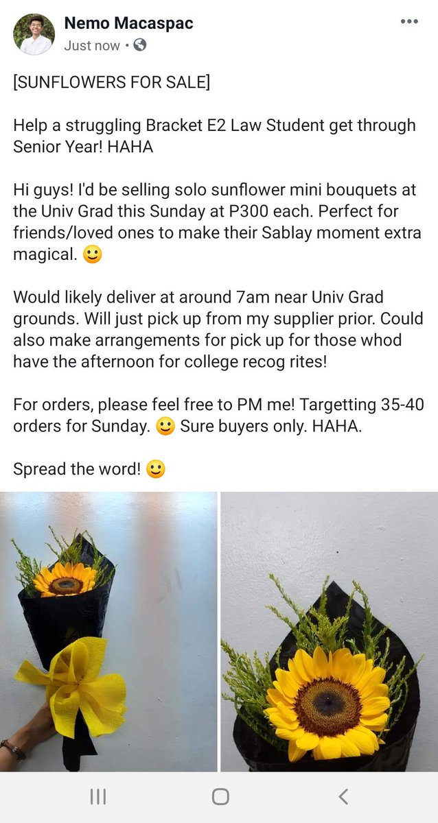angPasimuno's tweet photo. Sunflowers for sale! #Sablay2019

Help out a struggling bracket E2 Law Student get through Senior Year! HAHA

Details can be found in the screencap: https://t.co/EGfPzlP1KN