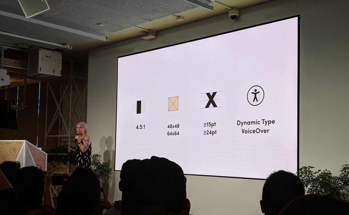 PurpleCuTalk's tweet photo. Contrast ratio. Tap target. Legibility. Dynamic Type/Voiceover. 4 ways to have a more accessible product language. #SFDesignWeek @RethinkTalks https://t.co/TbvjF7599E