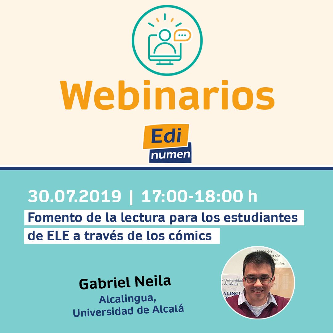 Edinumen's tweet photo. 📢¡Nuevo #WebinarioEdinumen!
📗«Fomento de la lectura para los estudiantes de ELE a través de los cómics»
👩‍🏫Gabriel Neila (@gabineila)
🎁Regalo temporal de un material y certificado de participación. 
¡Plazas limitadas!
🖥️https://t.co/4A67uGmRsV https://t.co/XCV6BuWk4x