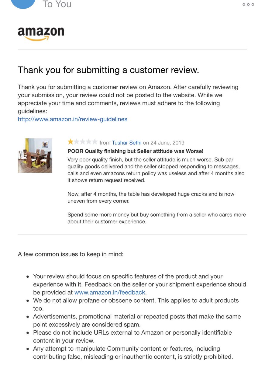 sethitushar's tweet photo. @amazon @AmazonNews_IN Censoring actual customer reviews to promote poor quality goods! Review has been rejected twice as Amazon doesn’t believe in customer service. Do not believe biased reviews for any products on amazon! https://t.co/mraU0pOuv8