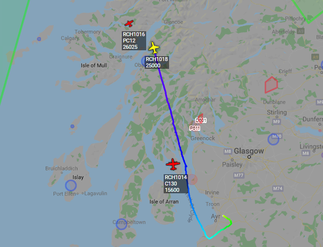 5472_nde's tweet photo. Interesting #USAF trio heading north out of Prestwick - oceanic 0944z:
RCH1014 890282 MC130H #CombatTalon - end of TDY #InherentResolve
RCH1016 070712 U28A
RCH1018 050597 U28A https://t.co/ADvQRocFt8