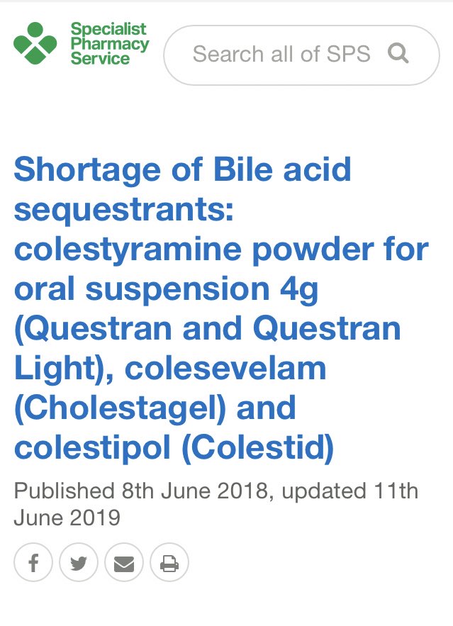 NHS Specialist Pharmacy Service on Twitter "Shortage of Bile acid sequestrants colestyramine