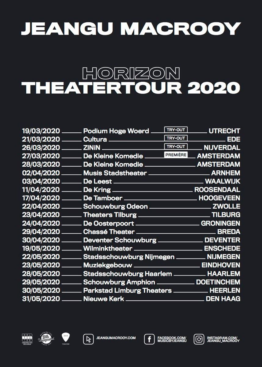 AgentsAfterAll's tweet photo. In 2020 gaat @JeanguMacrooy voor het eerst de theaters in. 
Met 'Horizon' zal hij maar liefst 20 verschillende theaters bezoeken.
Tijdens de muzikale voorstelling zal Jeangu zijn persoonlijke verhaal vertellen met nummers uit zijn repertoire, ondersteund door zijn liveband. https://t.co/m7uK6r0lE2