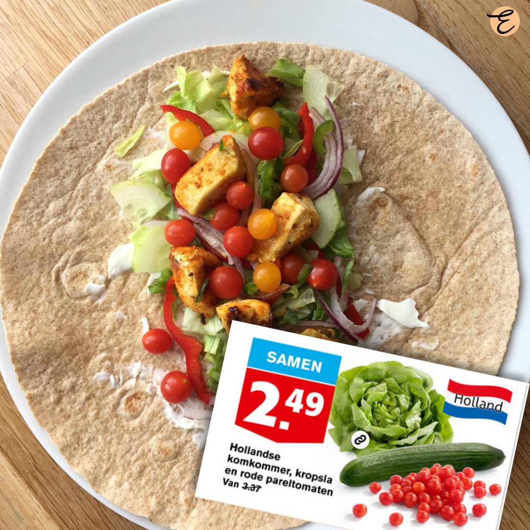 Recept inspiratie-tip; maak een wrap met deze <a href="/Hoogvlietsuper/">Hoogvliet supermarkt</a> actie. Tortilla, kip, paprika, kropsla, komkommer, Tomberry pareltomaten #vaderdag #recept #eten