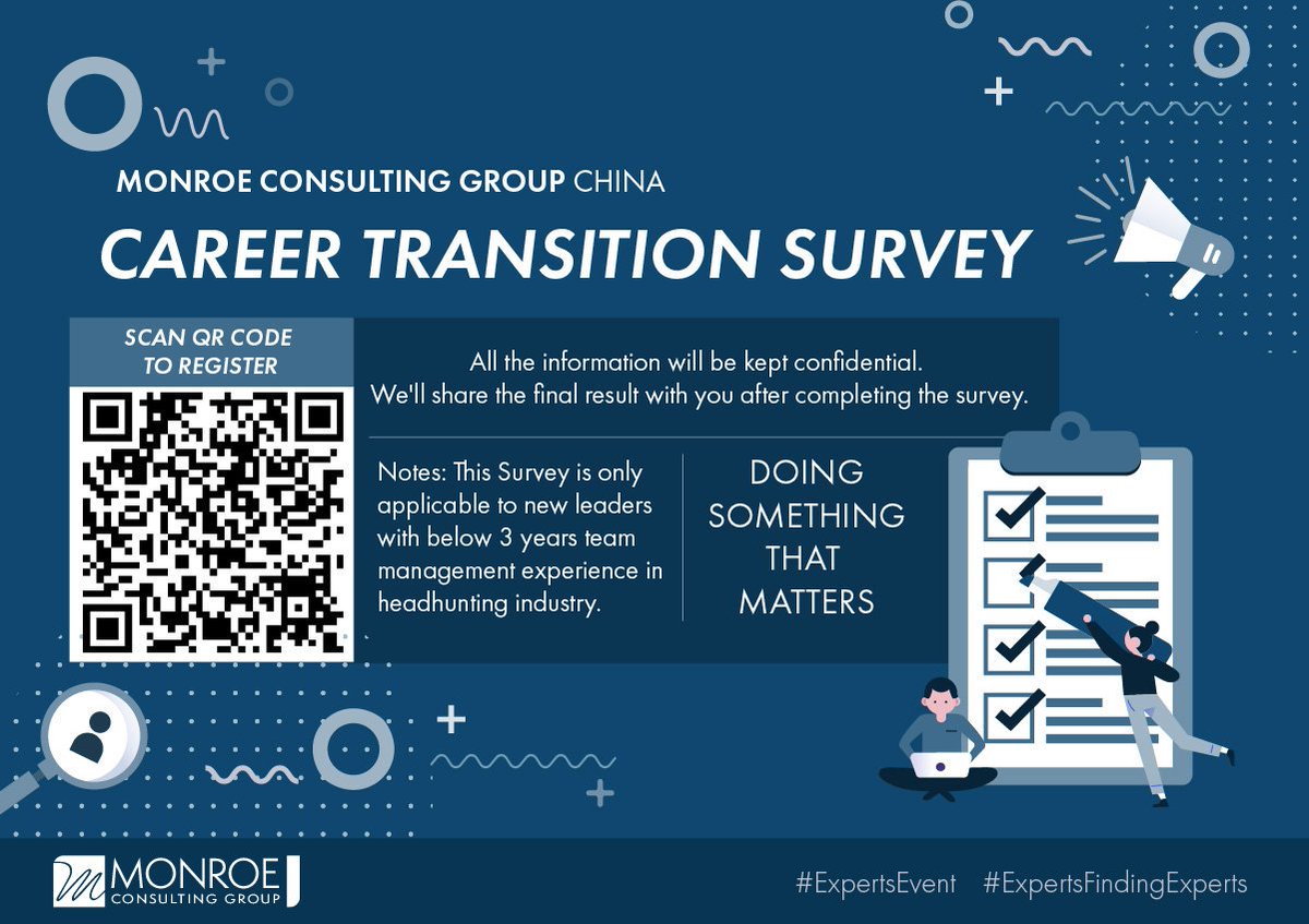 MonroeConsult's tweet photo. Are you a new leader with less than 3 years of experience in the headhunting industry? If your answer is yes, then I would like to invite you to take the Monroe Career Transition Survey. #expertsfindingexperts #china #career #ExecutiveSearch #headhunting https://t.co/OmiYlwzO48