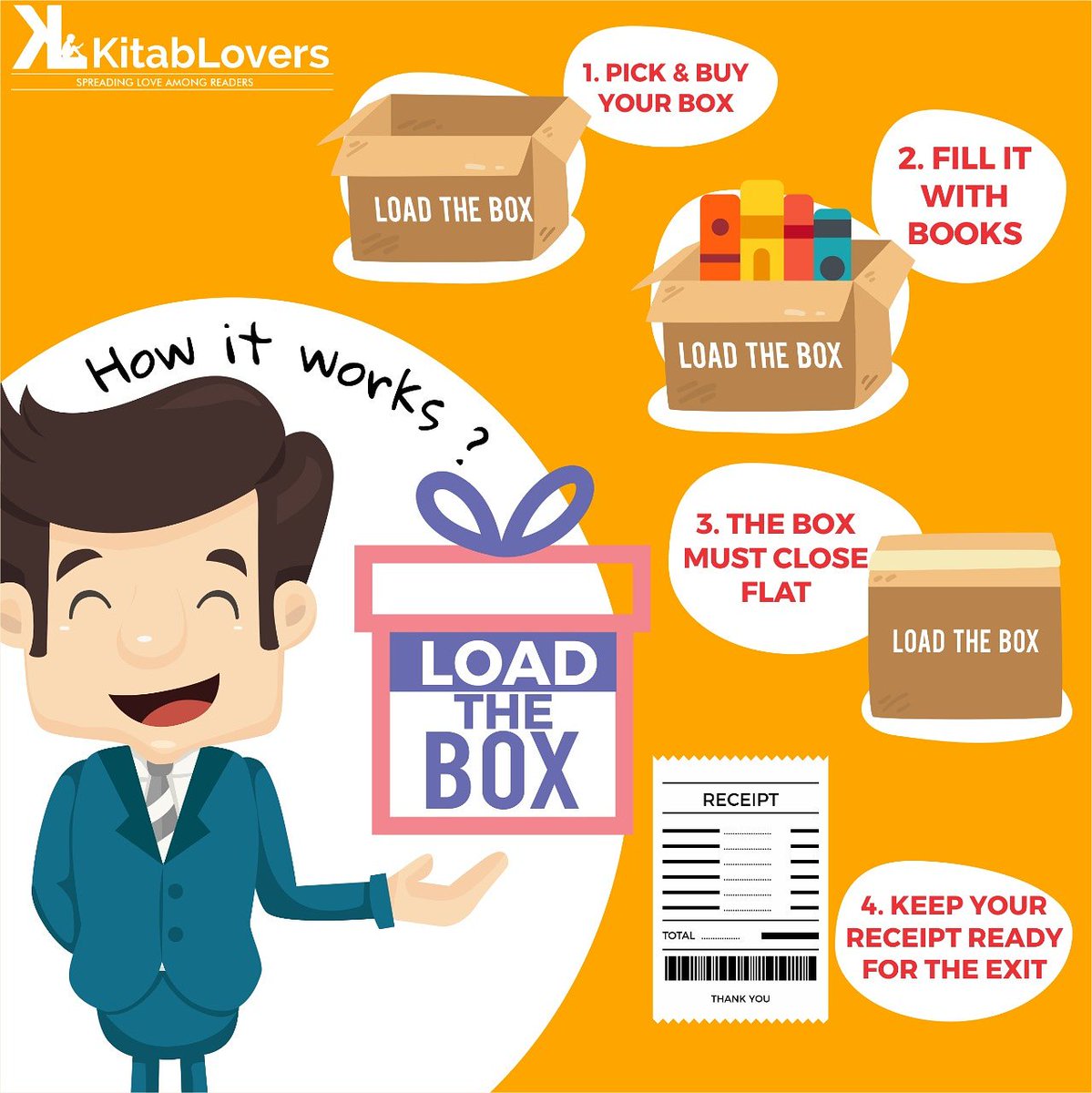 LoversKitab's tweet photo. How LOAD THE BOX works...?

1. Pick and buy your box.
2. Fill it with books.
3. The box must close flat.
4. Pay your bill and keep you receipt ready for exit.

 #jaipur #jaipurdiaries #jaipurblogger #jaipurlove #jaipurcity  #ajmercity #kitablovers #bookforest #loadthebox https://t.co/KW4xJUYv0P