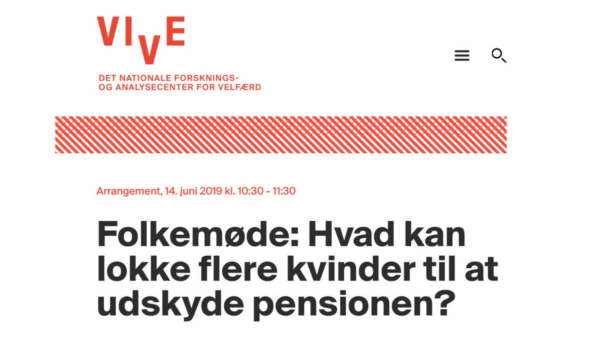Offentligt ansatte kvinder går tidligere på pension end mænd. Hvorfor - og hvad kan få dem til at blive længere? Kom til debat kl 10.30 hos <a href="/VIVEviden/">VIVEviden</a> med <a href="/hkkommunal/">HK Kommunal</a> @kommunerne  <a href="/dkjordemoder/">Jordemoderforeningen</a> <a href="/aeldresagen/">Ældre Sagen</a>  #fmdk #seniorpolitik #arbejdsmarked vive.dk/da/arrangement…