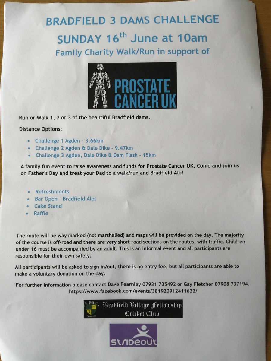 Charity walk/run Bradfield Cricket Pavilion Sunday 16th June 10am #prostatecanceruk #bradfieldcricketclub