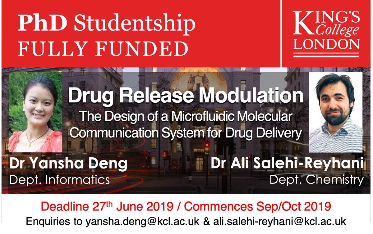 Announcing a fully funded 3.5 year #PhD w/ Dr Yansha Deng <a href="/kclinformatics/">KCL Informatics</a> &amp;me <a href="/kclchemistry/">King's Chemistry</a> on microfluidic molecular communications for smarter drug delivery <a href="/kclchemistry/">King's Chemistry</a> @KingsNMS More info <a href="/FindAPhD/">FindAPhD</a> (link:findaphd.com/phds/program/f…) #phdchat. Deadline *super* close. Pls RT!