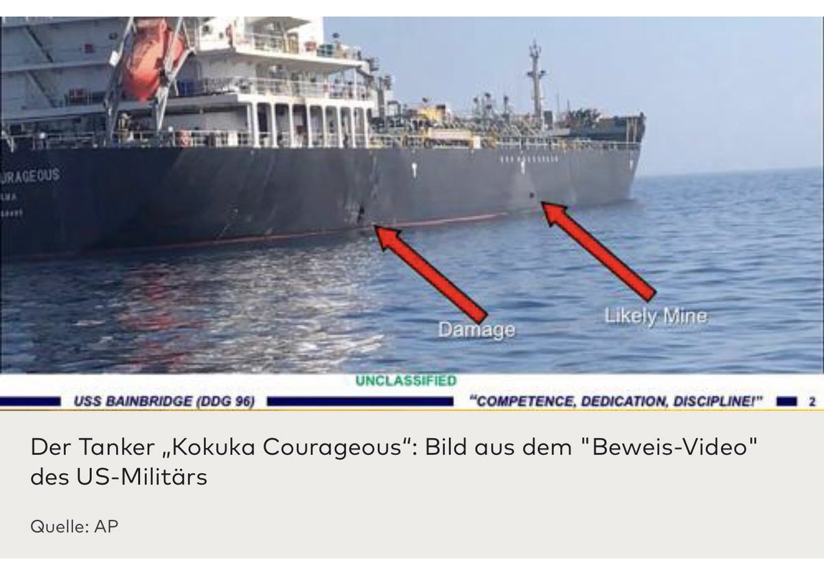 sfi61's tweet photo. Zuerst waren es Torpedos, heute Haftminen. Dann veröffentlicht die offizielle US-Fakenews Behörde, das Pentagon, ein Video, wo angeblich eine Mine wieder entfernt wird. Jedoch sieht man auf dem Foto von @AP trotz entfernter Mine, einen Schaden (likely Mine)! Wer verstehts? #Iran https://t.co/bQOSWZMZD8